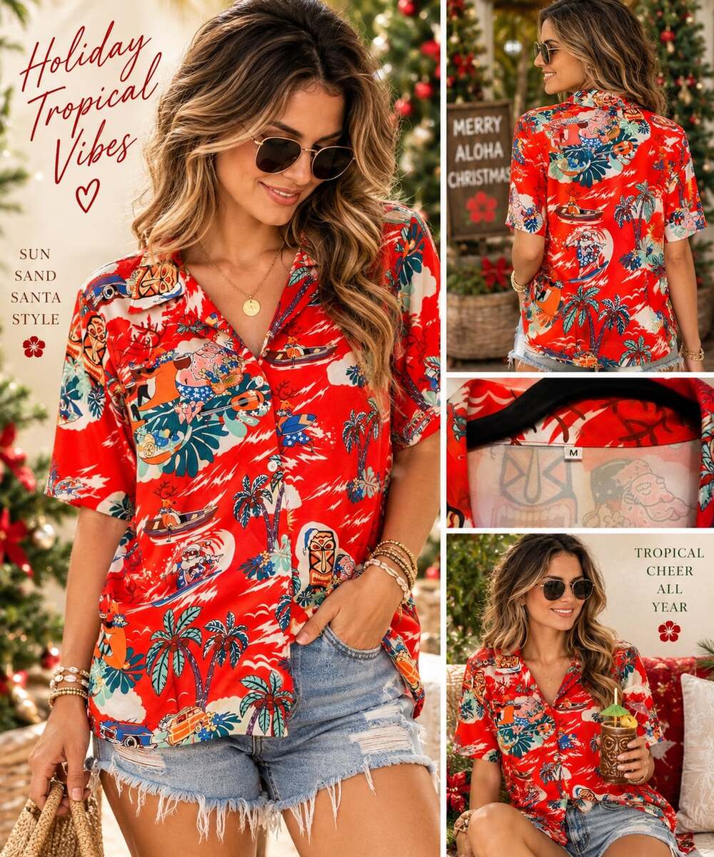 Unbranded Christmas Hawaiian Shirt Size M Red Santa Surf Tropical Print